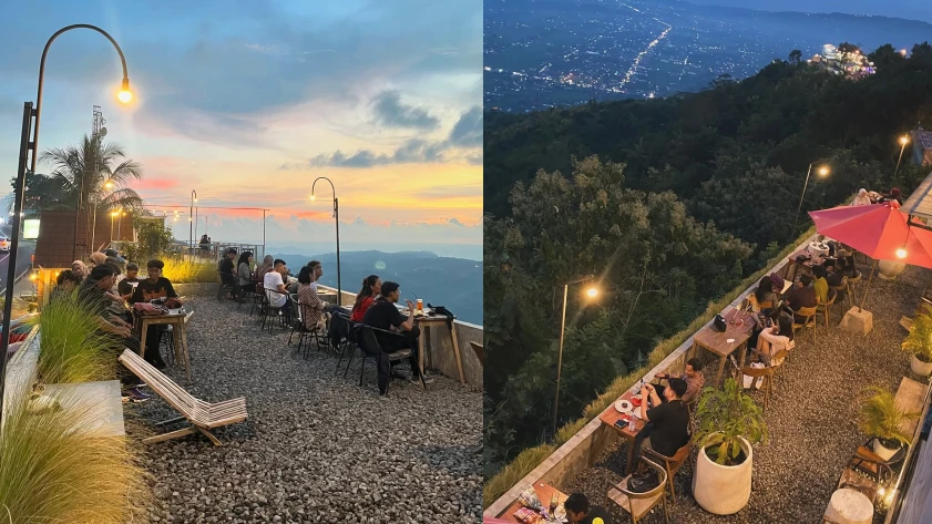 Suasana cafe dengan view sunset dan langit sore di Jogja