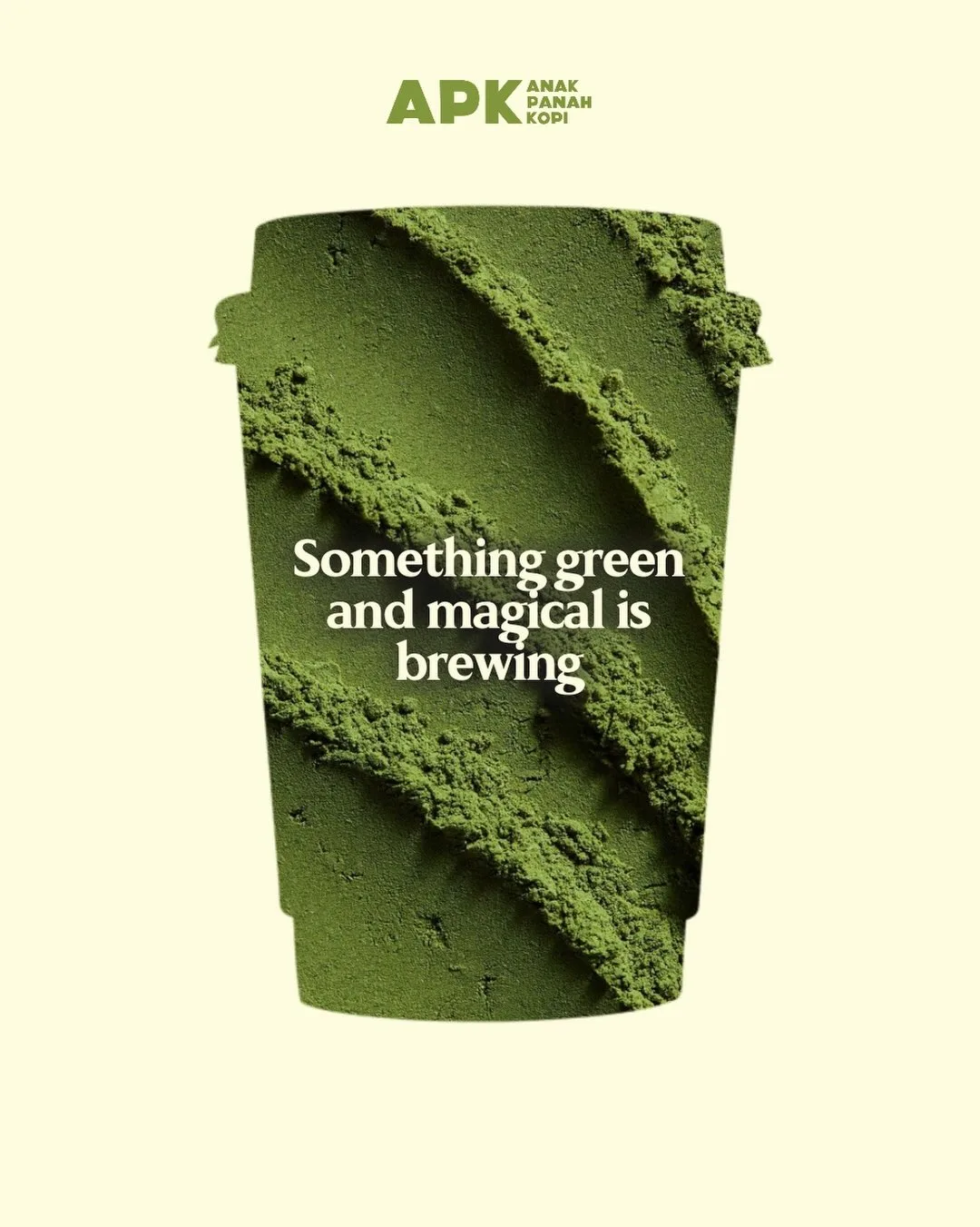 Ilustrasi gelas hijau bertuliskan Something green and magical is brewing