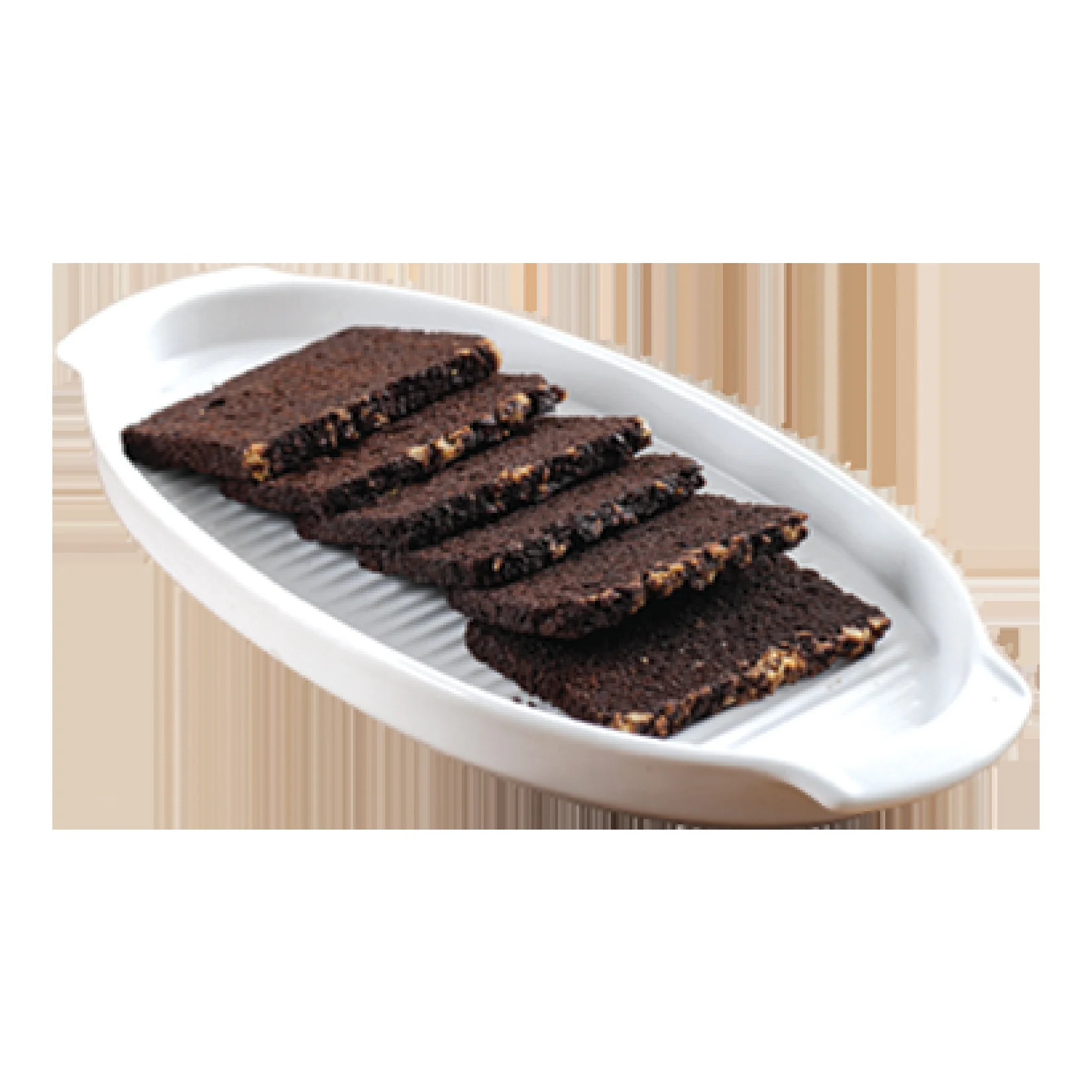 Potongan Brownies Kering Amanda di atas piring saji putih