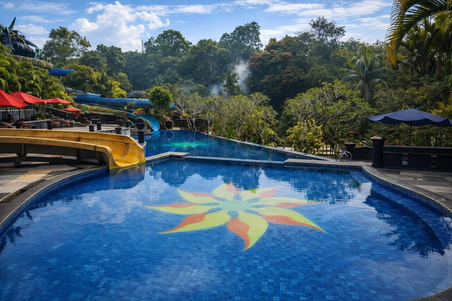 Kolam renang The Jhon's Cianjur dengan lantai bermotif bunga, perosotan kuning, dan seluncuran air berlatar pepohonan