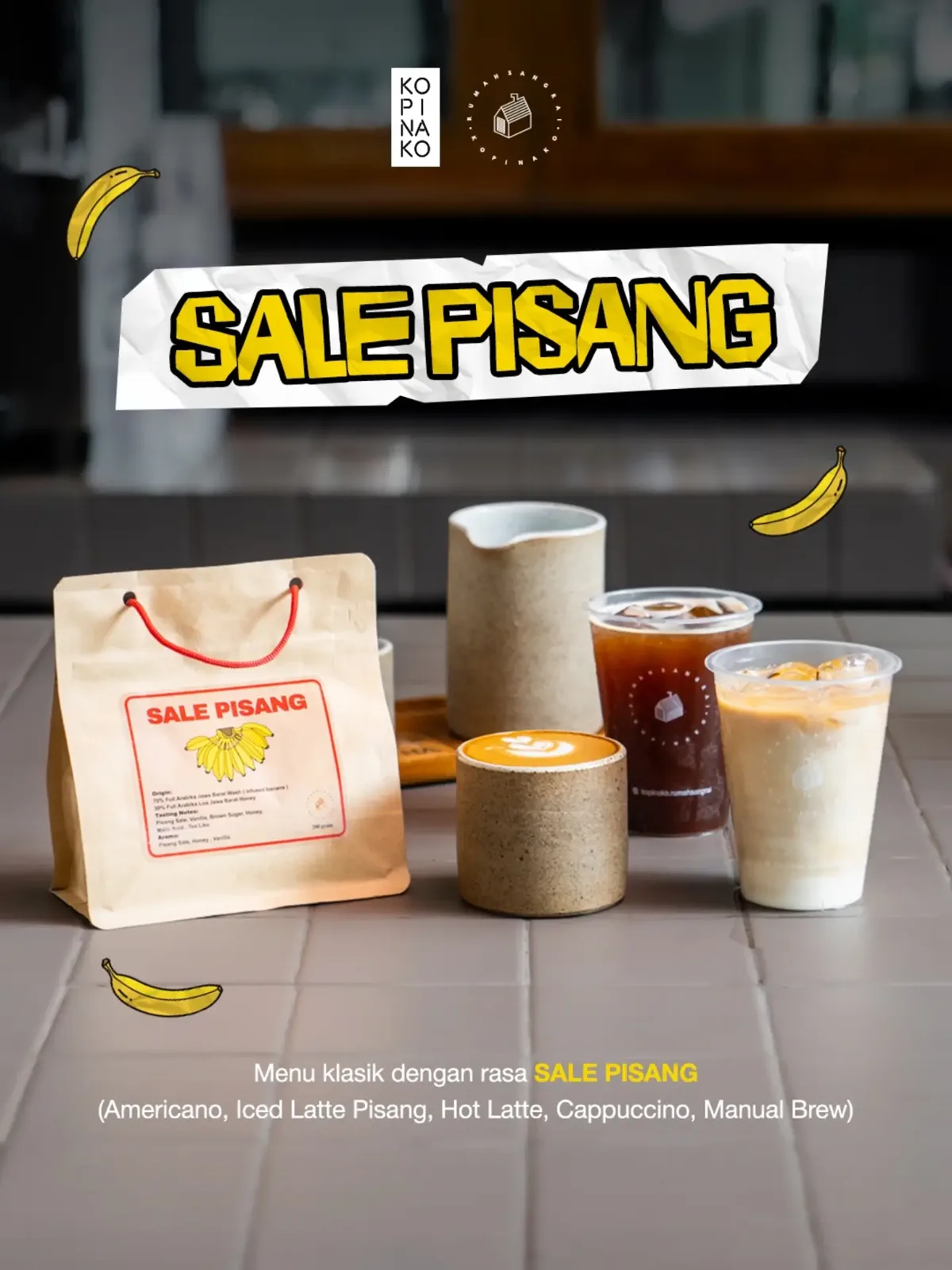 Beberapa gelas kopi dan latte di meja Kopi Nako Daur Baur