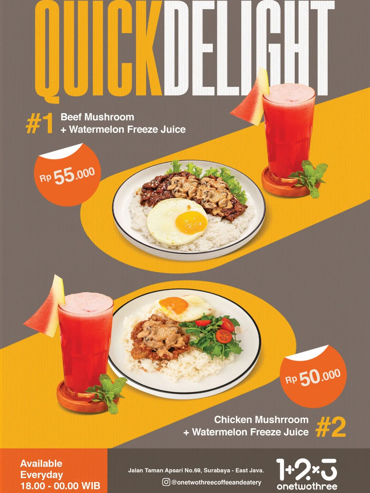 Poster menu Quick Delight Onetwothree berisi dua paket nasi dan jus