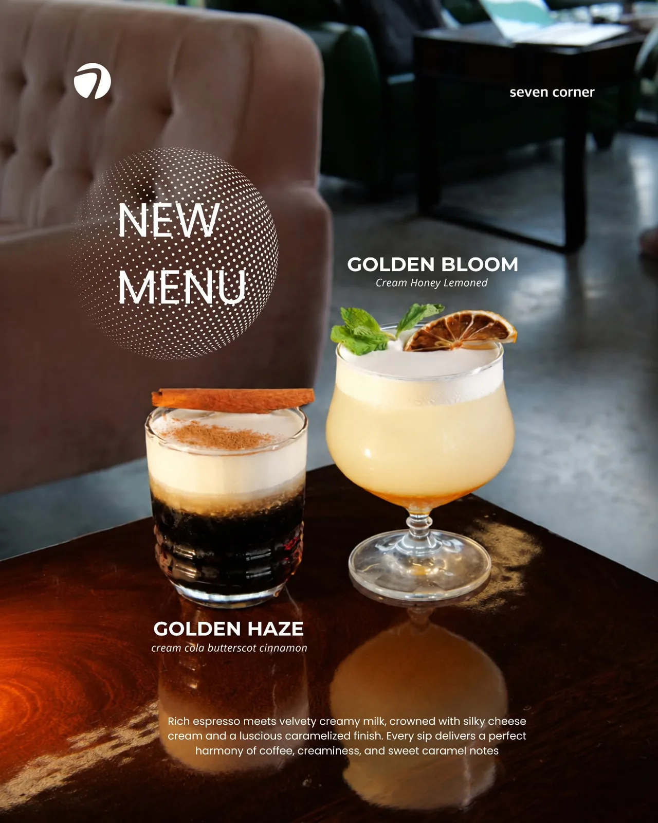Dua gelas minuman Golden Haze dan Golden Bloom di meja kayu