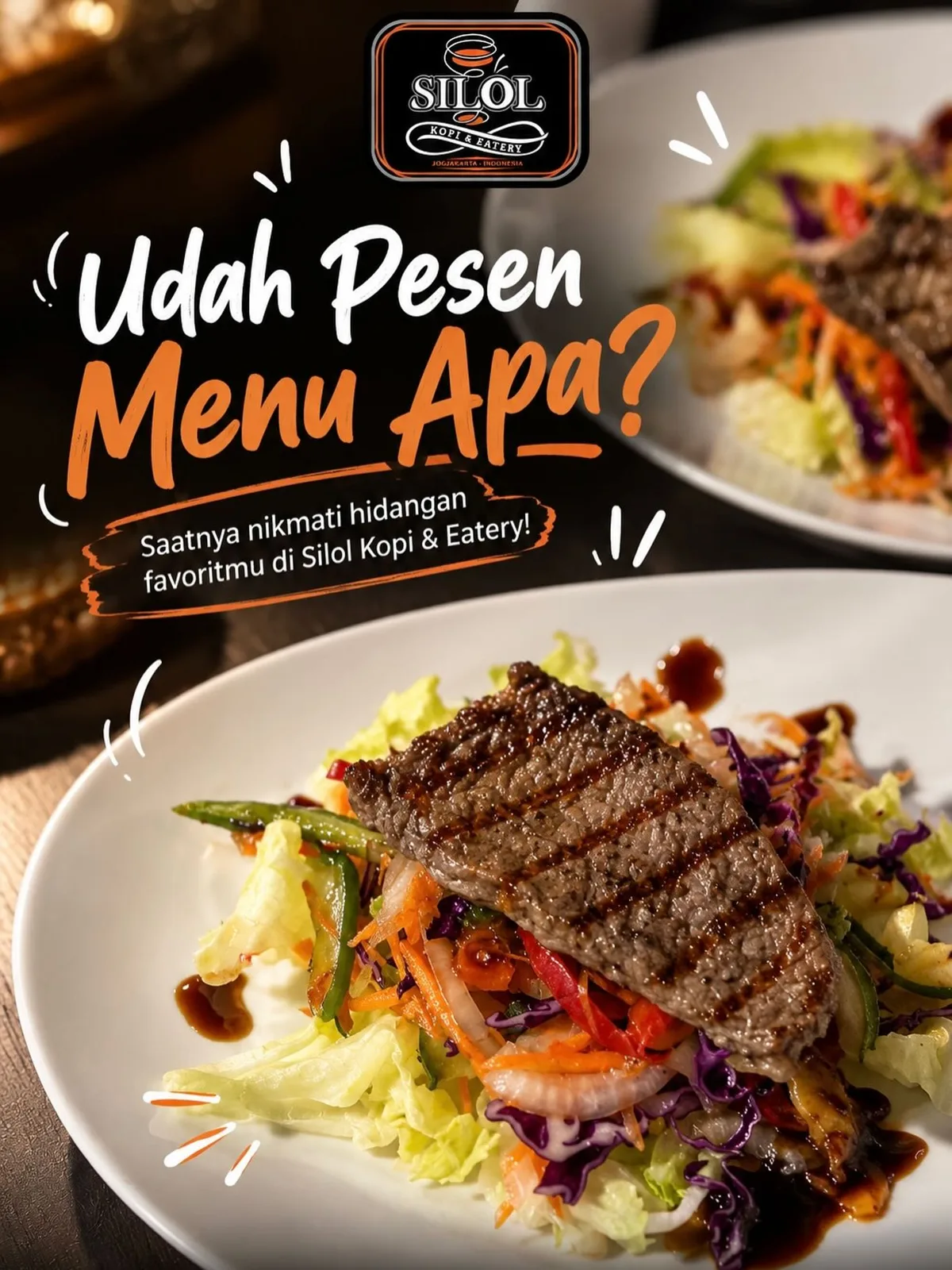 Steak dengan salad sayur di piring putih, poster menu Silol