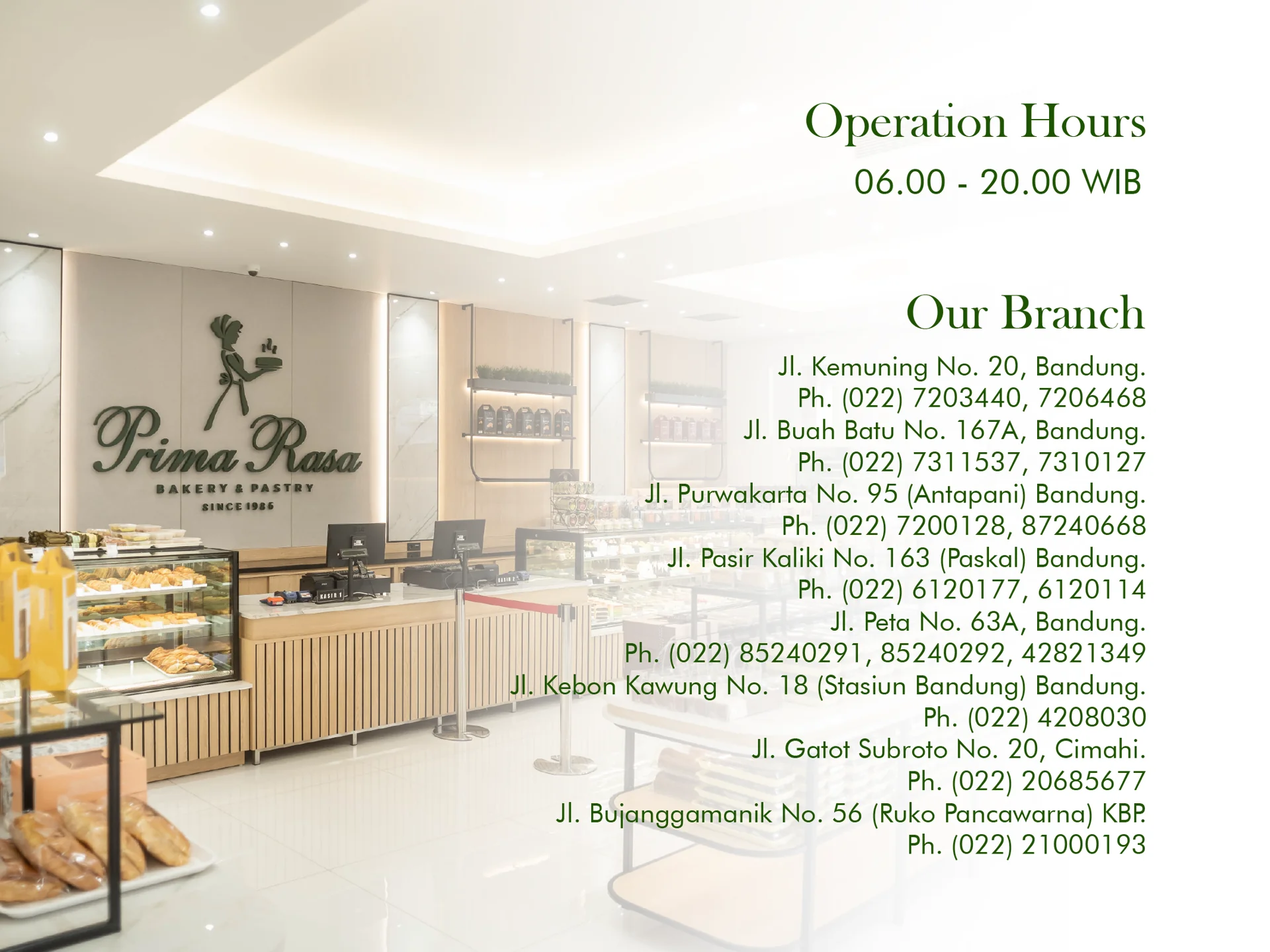 Interior toko Prima Rasa Bakery dengan jam operasional 06.00-20.00 dan daftar cabang